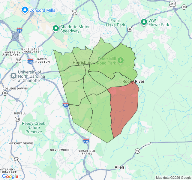 Map of septic coverage in Harrisburg, NC