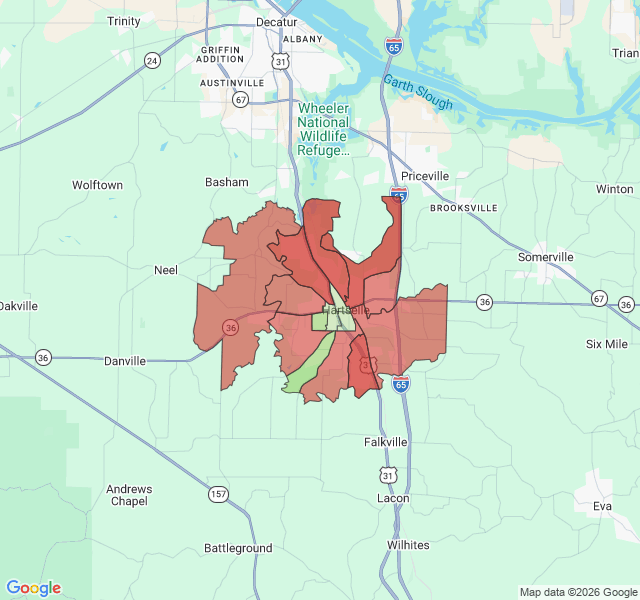 Map of septic coverage in Hartselle, AL