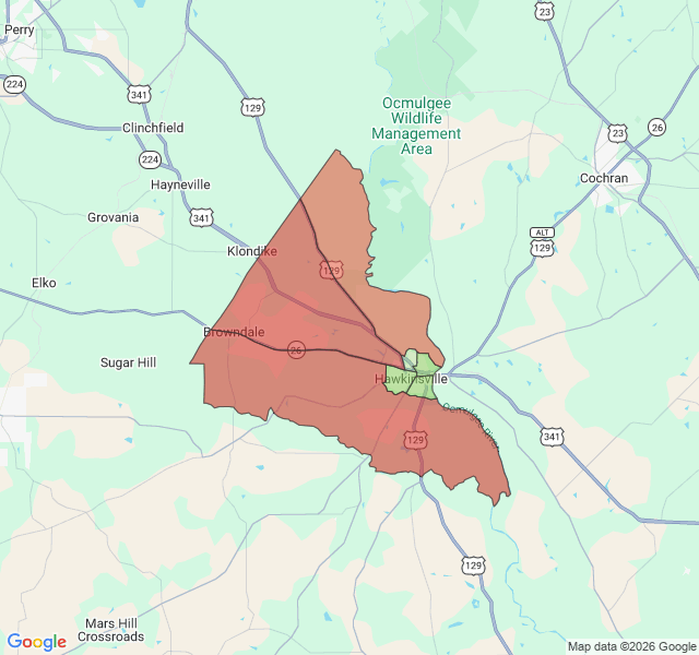 Map of septic coverage in Hawkinsville, GA