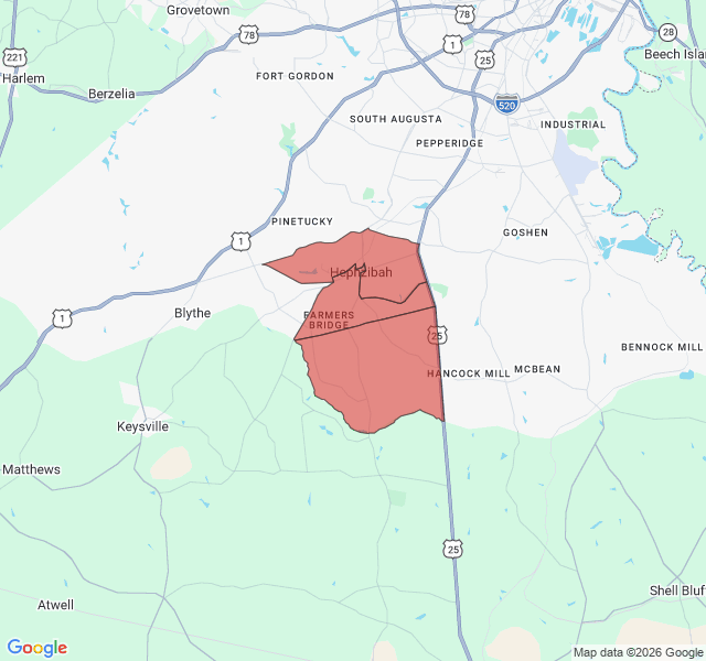 Map of septic coverage in Hephzibah, GA