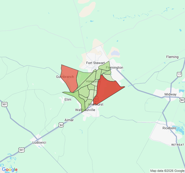 Map of septic coverage in Hinesville, GA