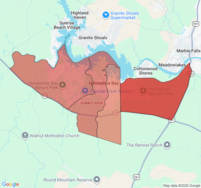 Map of septic coverage in Horseshoe Bay, TX