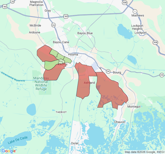 Map of septic coverage in Houma, LA