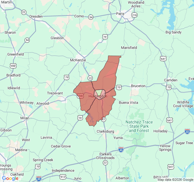 Map of septic coverage in Huntingdon, TN