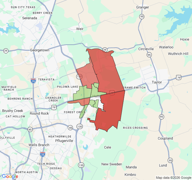 Map of septic coverage in Hutto, TX