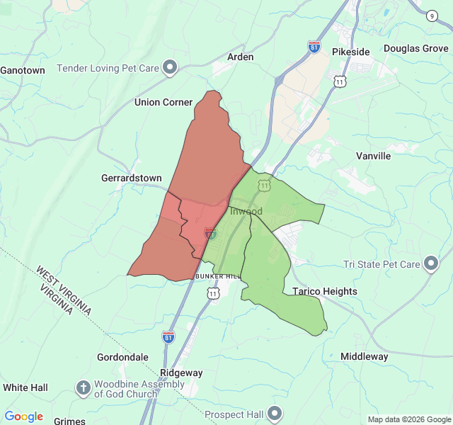 Map of septic coverage in Inwood, WV