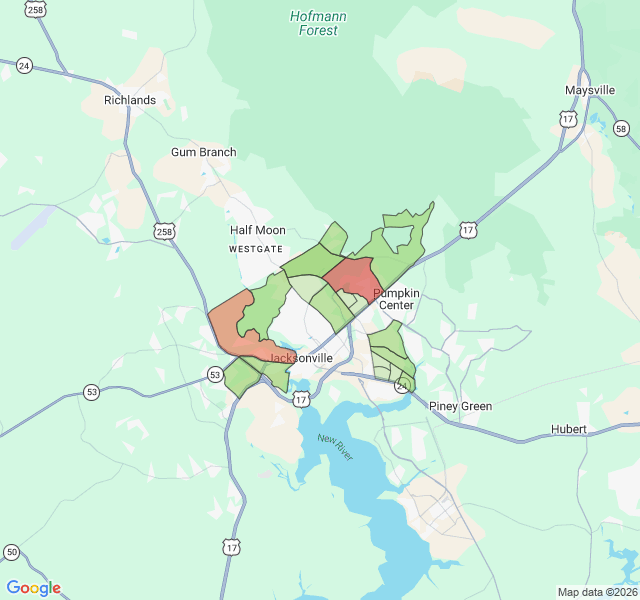 Map of septic coverage in Jacksonville, NC