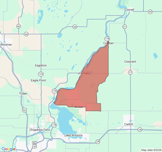 Map of septic coverage in Jim Falls, WI