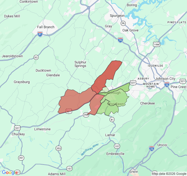 Map of septic coverage in Jonesborough, TN