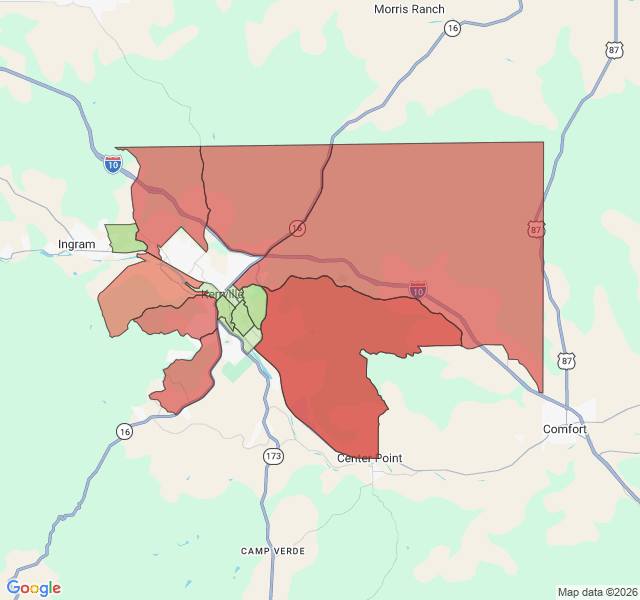 Map of septic coverage in Kerrville, TX