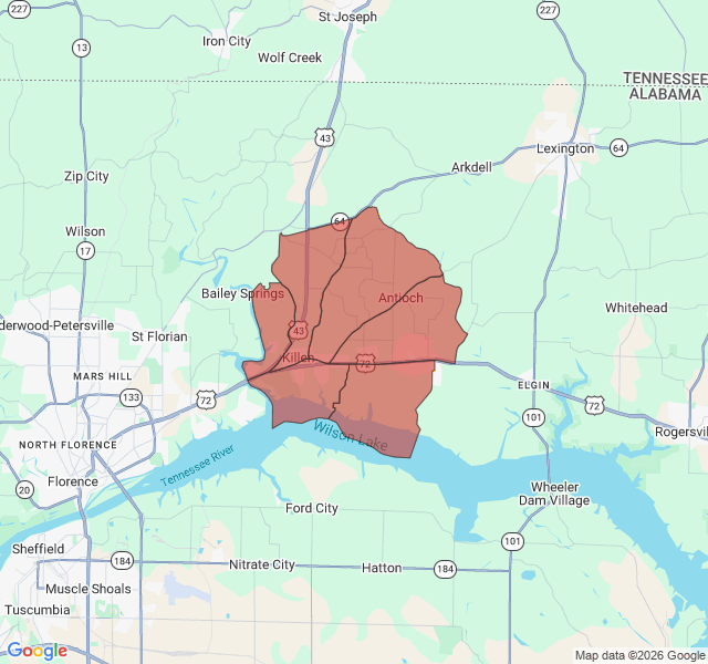 Map of septic coverage in Killen, AL