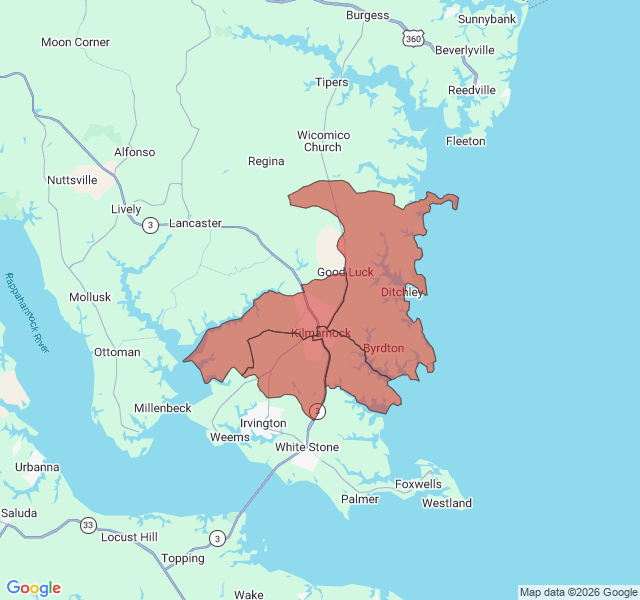 Map of septic coverage in Kilmarnock, VA