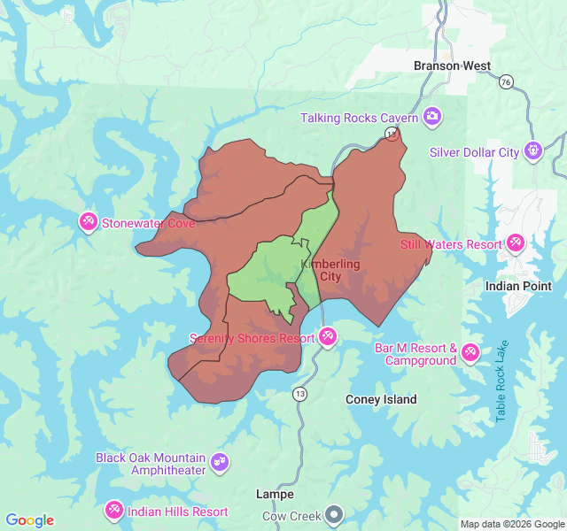 Map of septic coverage in Kimberling City, MO