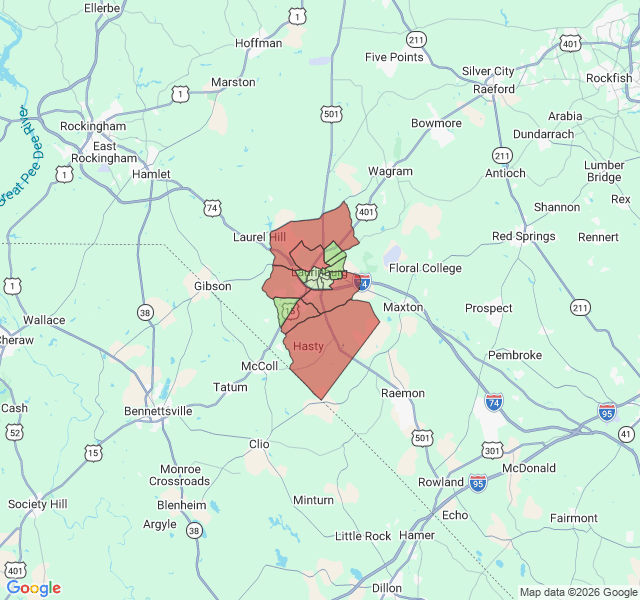 Map of septic coverage in Laurinburg, NC
