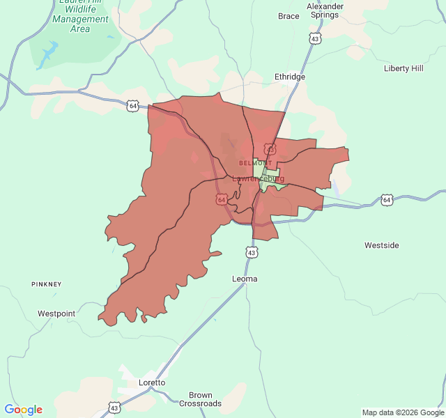 Map of septic coverage in Lawrenceburg, TN