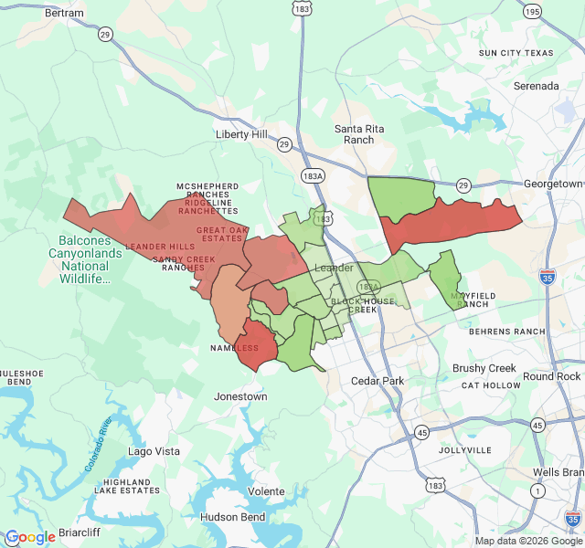 Map of septic coverage in Leander, TX