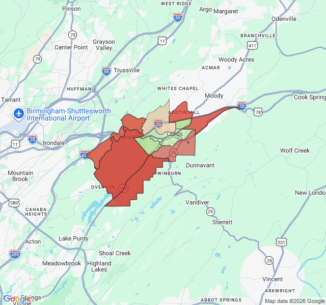 Map of septic coverage in Leeds, AL