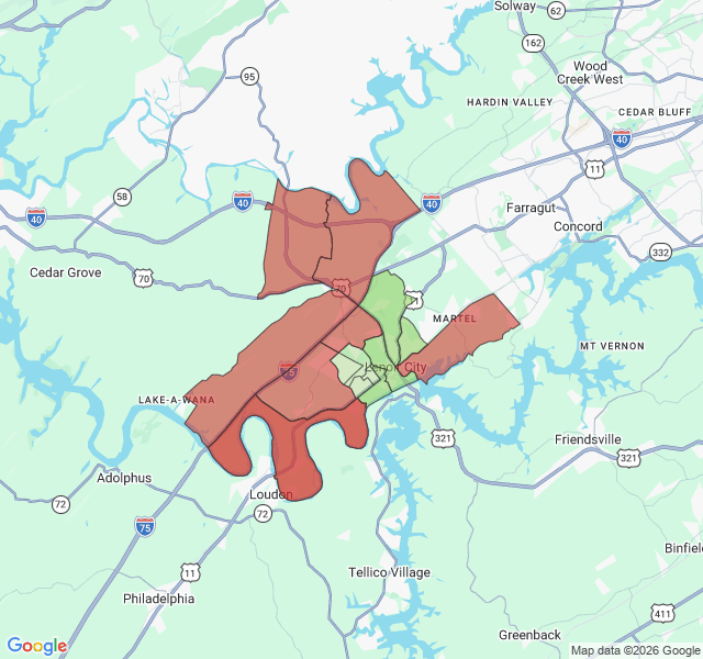 Map of septic coverage in Lenoir City, TN