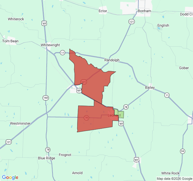 Map of septic coverage in Leonard, TX