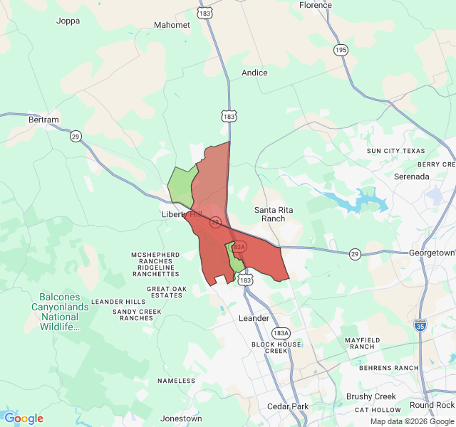 Map of septic coverage in Liberty Hill, TX