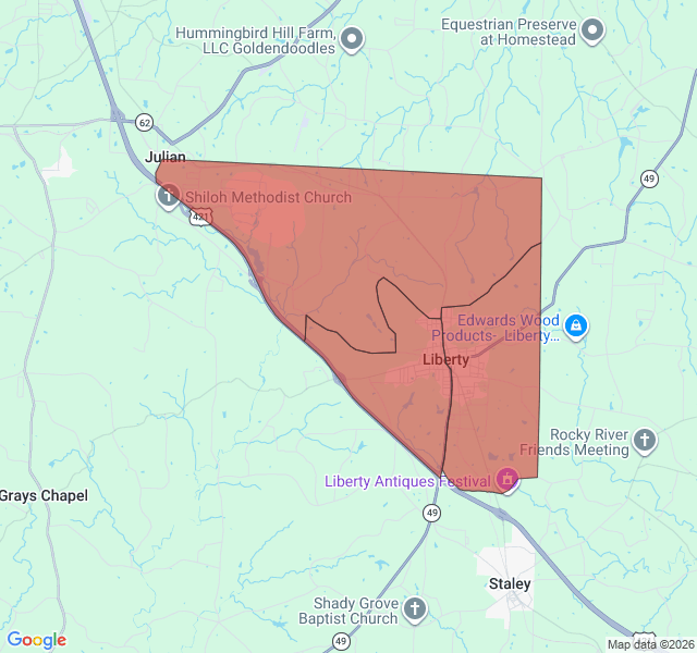 Map of septic coverage in Liberty, NC
