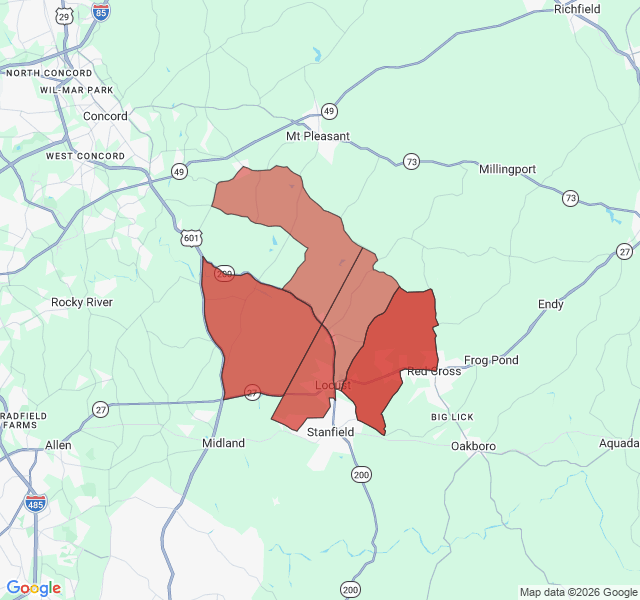 Map of septic coverage in Locust, NC