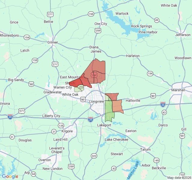 Map of septic coverage in Longview, TX
