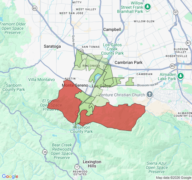 Map of septic coverage in Los Gatos, CA