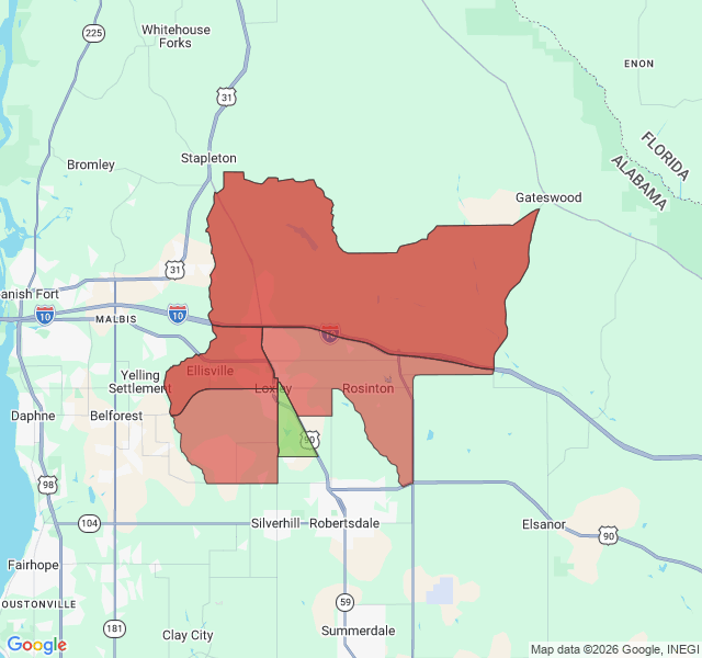 Map of septic coverage in Loxley, AL