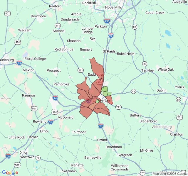 Map of septic coverage in Lumberton, NC