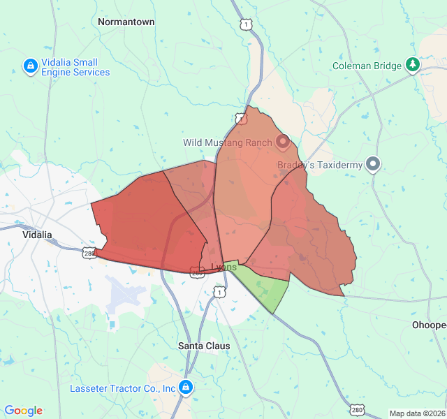 Map of septic coverage in Lyons, GA