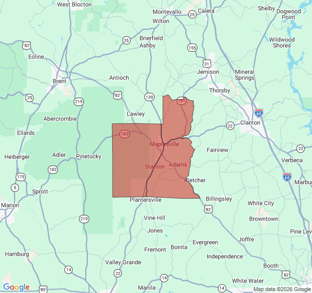 Map of septic coverage in Maplesville, AL