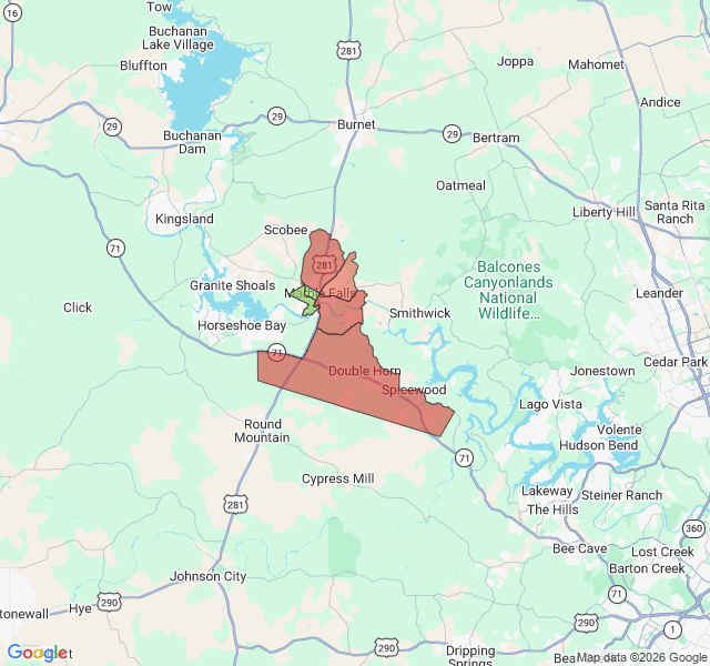 Map of septic coverage in Marble Falls, TX