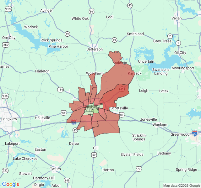 Map of septic coverage in Marshall, TX