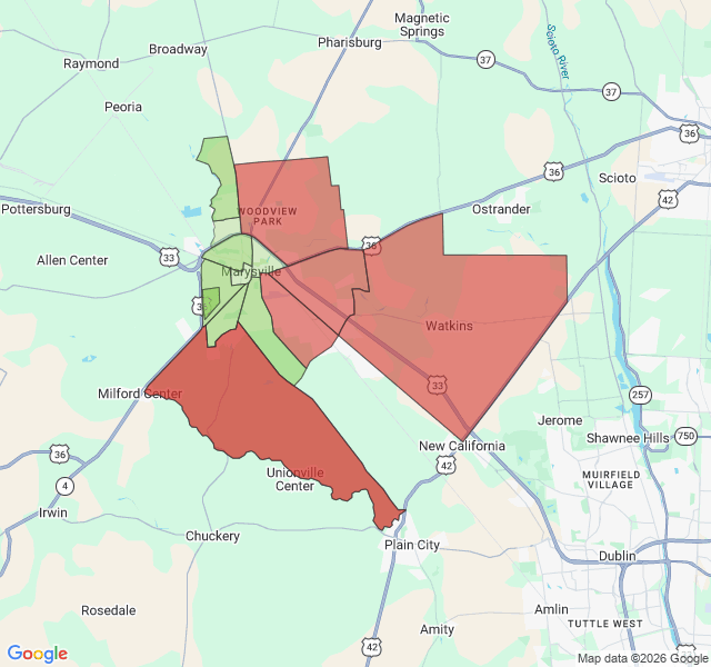 Map of septic coverage in Marysville, OH