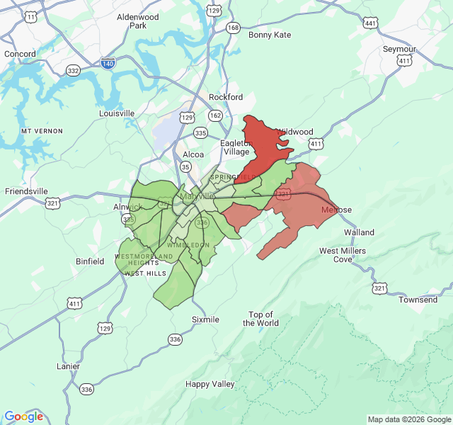 Map of septic coverage in Maryville, TN