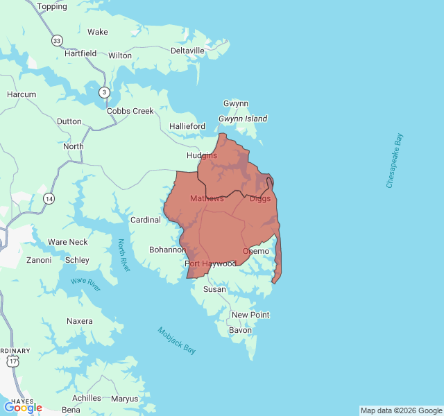 Map of septic coverage in Mathews, VA