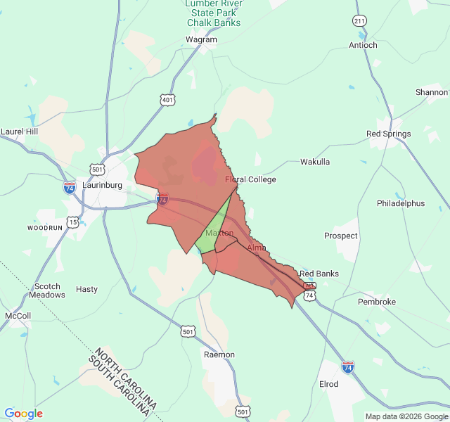 Map of septic coverage in Maxton, NC