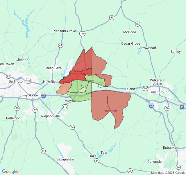 Map of septic coverage in Mebane, NC