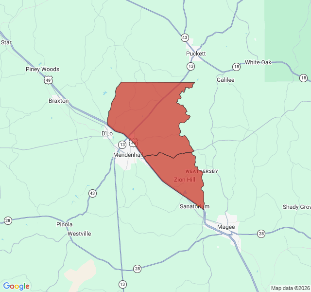 Map of septic coverage in Mendenhall, MS