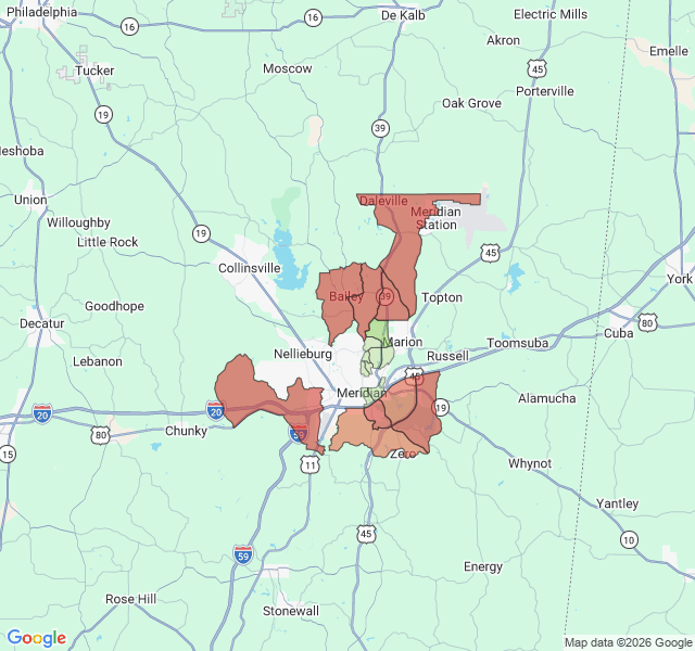 Map of septic coverage in Meridian, MS