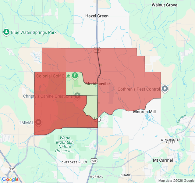 Map of septic coverage in Meridianville, AL