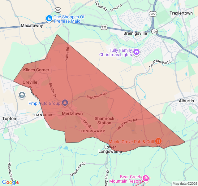 Map of septic coverage in Mertztown, PA