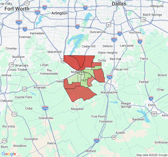 Map of septic coverage in Midlothian, TX