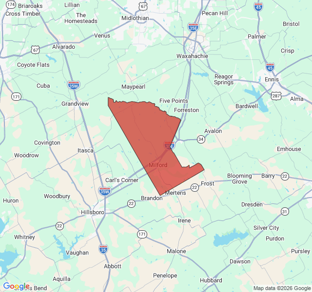 Map of septic coverage in Milford, TX