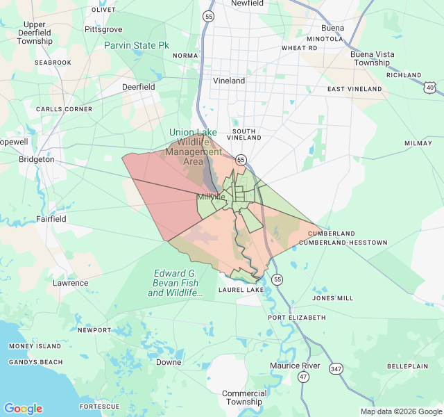 Map of septic coverage in Millville, NJ