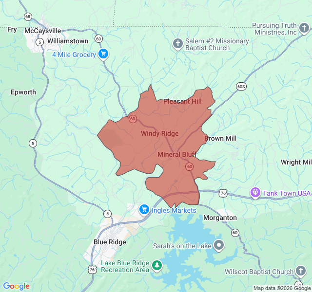 Map of septic coverage in Mineral Bluff, GA