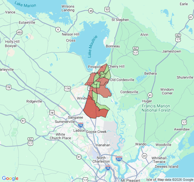 Map of septic coverage in Moncks Corner, SC