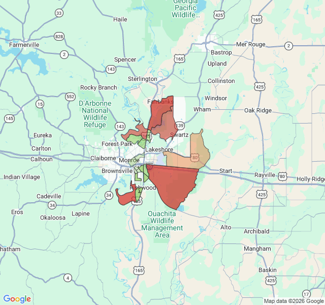 Map of septic coverage in Monroe, LA