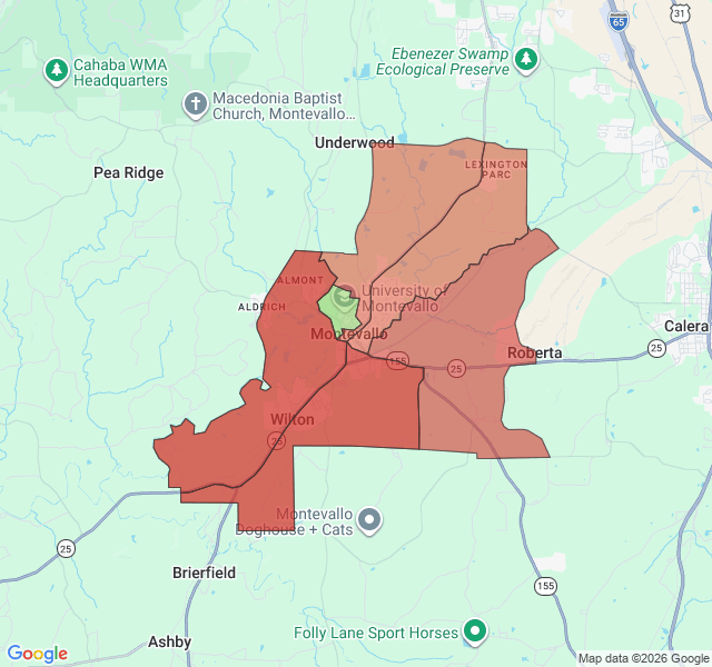 Map of septic coverage in Montevallo, AL